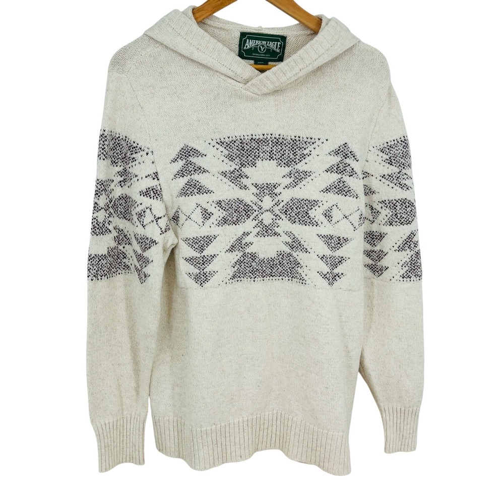 American‎ Eagle Mens Southwestern Hooded Sweater Cream Aztec Knit Size Medium